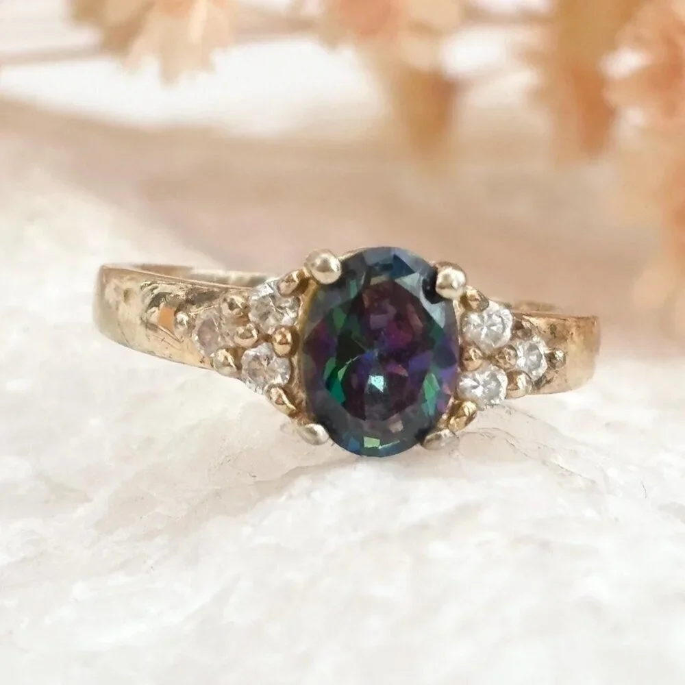 Mystic Topaz Triple CZ Gold Plated 925 Sterling Silver Vintage Ring - sz 7